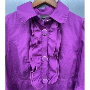 Lane Bryant Shacket 16 Purple Ruffle Button Cotton Stretch 3/4 Sleeve Top Blouse